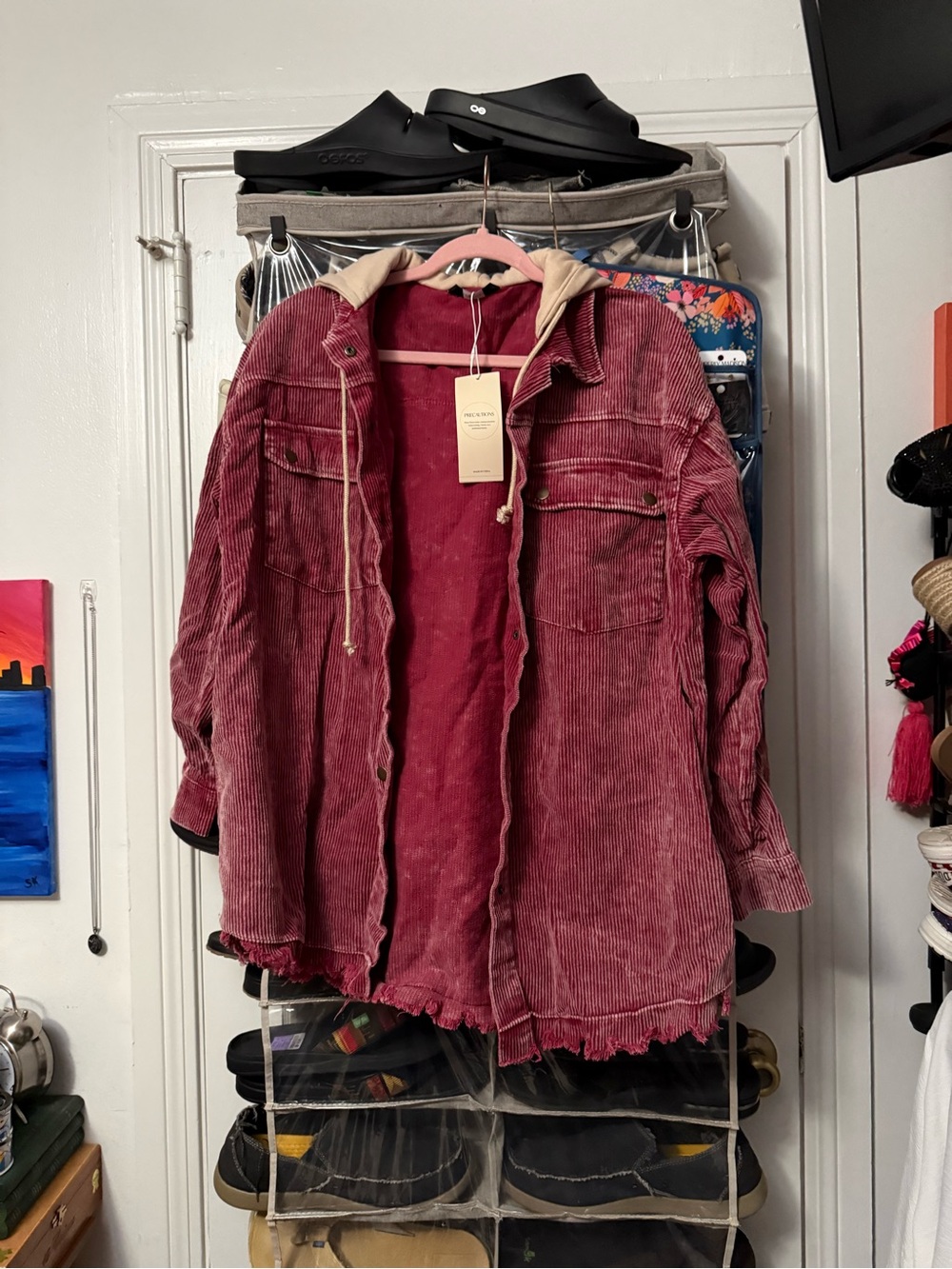 Corduroy Hooded Jacket in Wine Red
